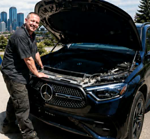 Jerry Ledrew working on an SUV as a mobile mechanic near Calgary and Chestermere