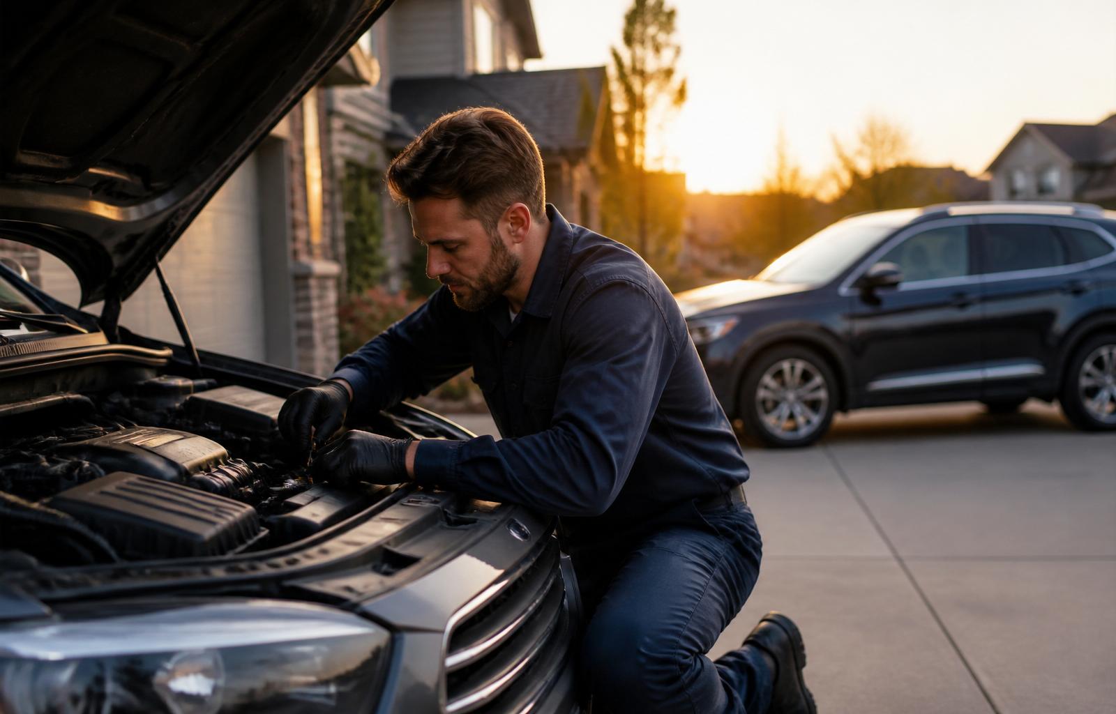 Mobile mechanic in Calgary repairing a vehicle in a customer's driveway — serving Chestermere, Airdrie, Okotoks and surrounding areas